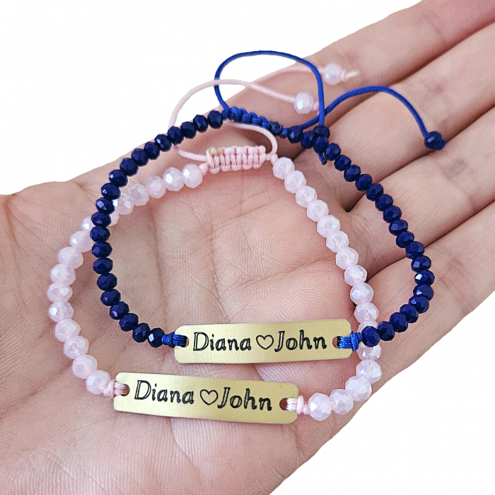 Set de 2 bratari aurii personalizate pentru cuplu, cu nume si inimioara, cu cristale [6]