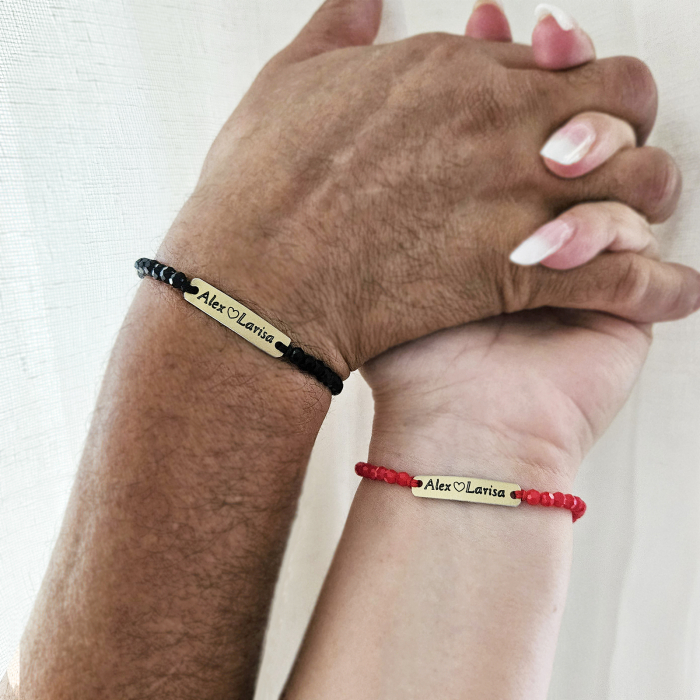 Set de 2 bratari aurii personalizate pentru cuplu, cu nume si inimioara, cu cristale [3]