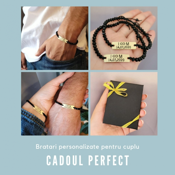 Set de 2 bratari personalizate pentru cuplu, cu initiale, data si margele din cristal [9]