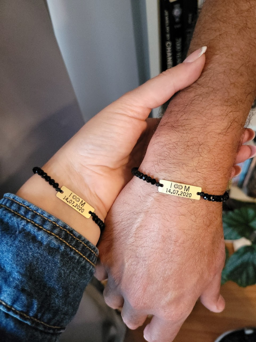 Set de 2 bratari personalizate pentru cuplu, cu initiale, data si margele din cristal [4]