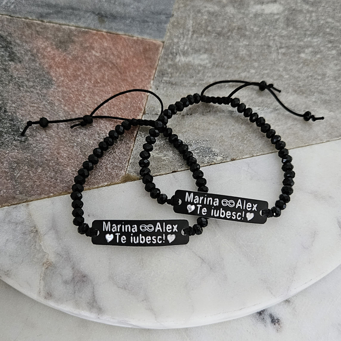 Set de 2 bratari negre personalizate pentru cuplu, cu nume, infinit si mesaj, cu cristale negre [2]