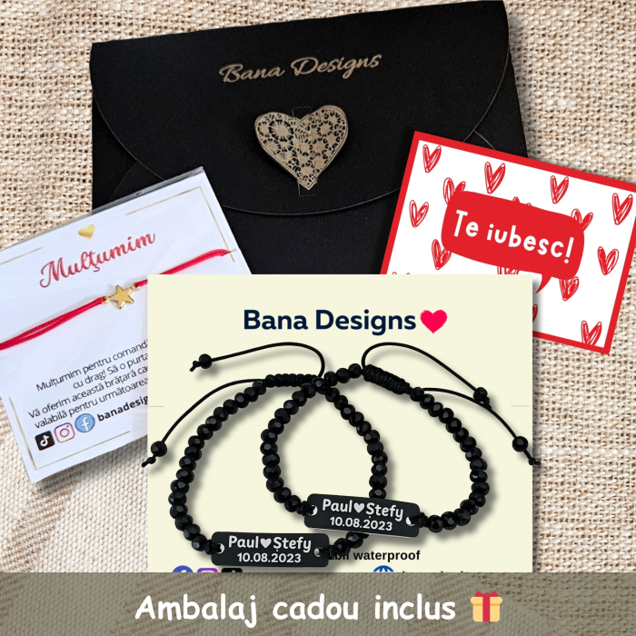 Set de 2 bratari negre personalizate pentru cuplu, cu nume si data, cu cristale negre [4]