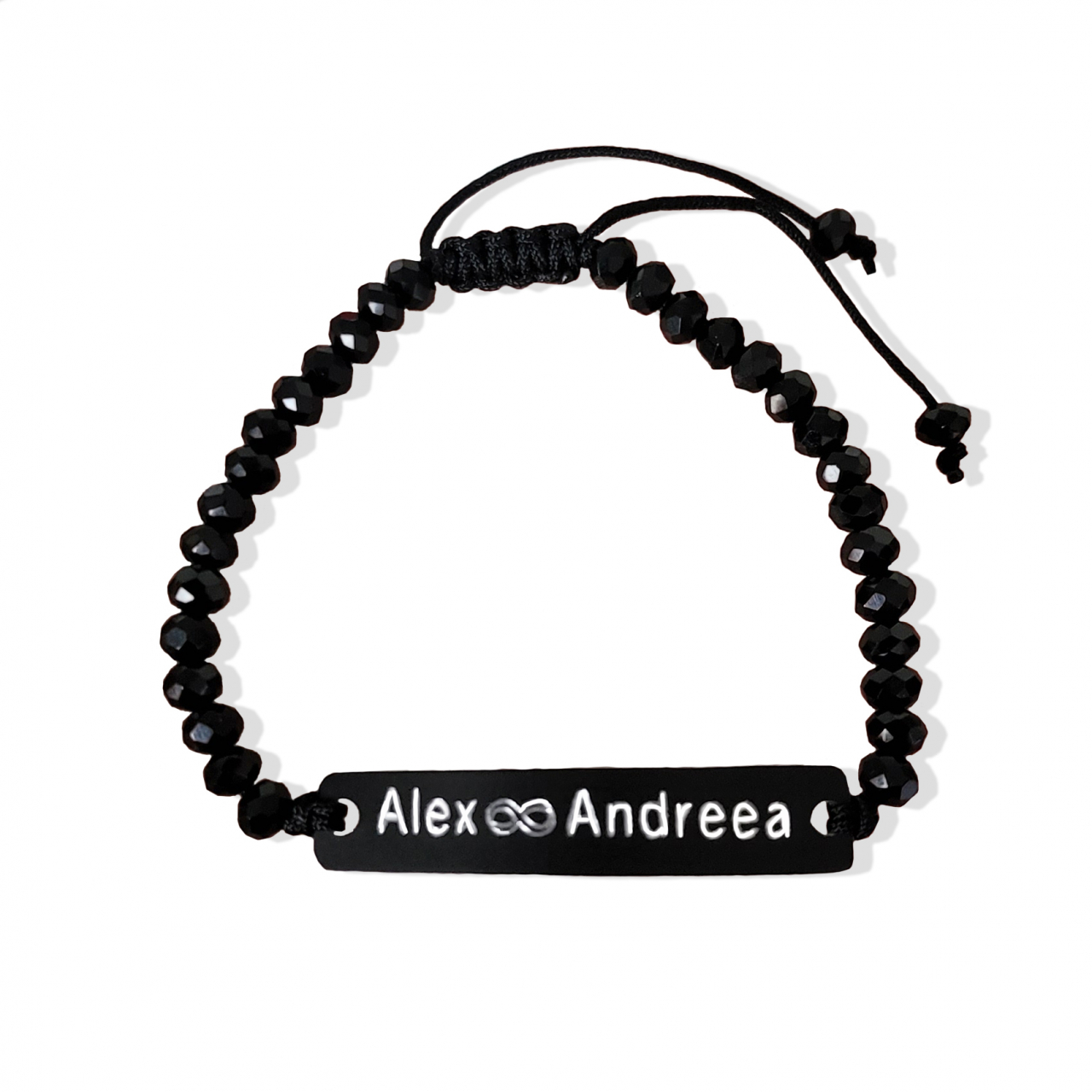 Set de 2 bratari negre personalizate pentru cuplu, cu nume si data, cu cristale negre [8]