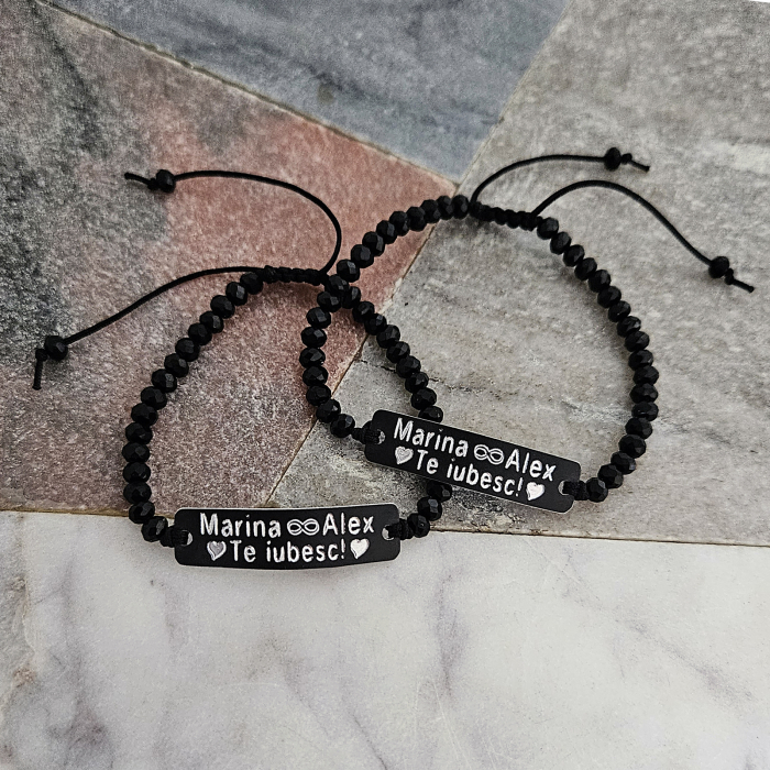 Set de 2 bratari negre personalizate pentru cuplu, cu nume, infinit si mesaj, cu cristale negre [3]