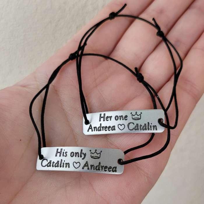 Set de 2 bratari pentru cuplu, personalizate cu Her one, His only si nume, cu snur ajustabil [4]