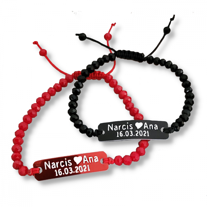 Set de 2 bratari personalizate pentru cuplu, cu nume si data, cu cristale negre si rosii [2]