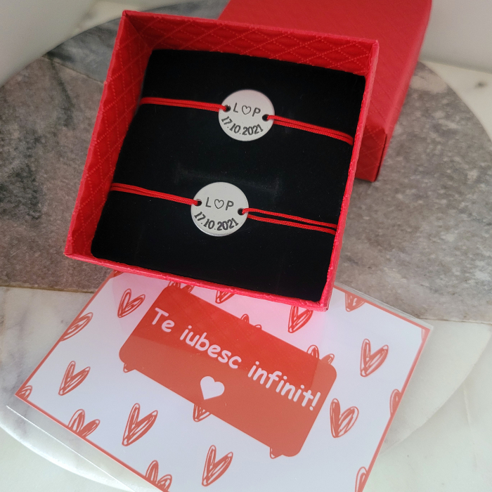 Set de 2 bratari personalizate pentru cuplu, cu banut gravat cu initiale, inimioara si data BA6X2 [8]