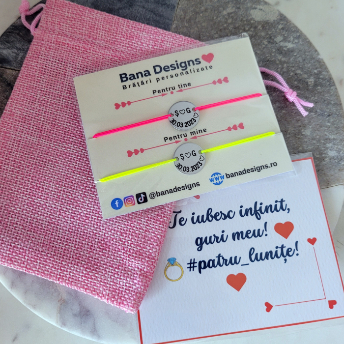 Set de 2 bratari personalizate pentru cuplu, cu banut gravat cu initiale, inimioara si data BA6X2 [3]