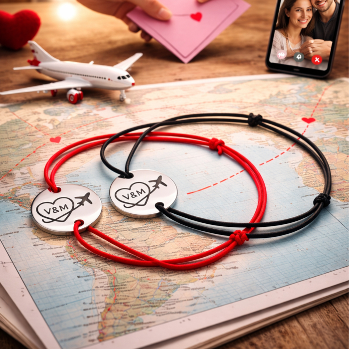 Set de 2 bratari personalizate pentru cuplu, cu banut gravat cu initiale si avion, cadou pentru cuplu [4]