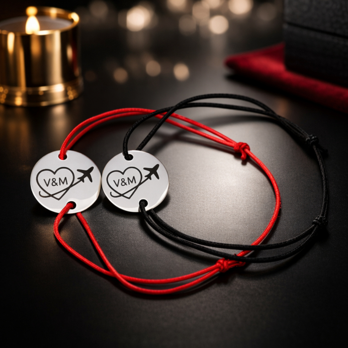 Set de 2 bratari personalizate pentru cuplu, cu banut gravat cu initiale si avion, cadou pentru cuplu [3]