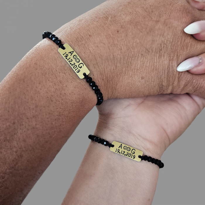 Set de 2 bratari personalizate pentru cuplu, cu initiale, data si margele din cristal [3]