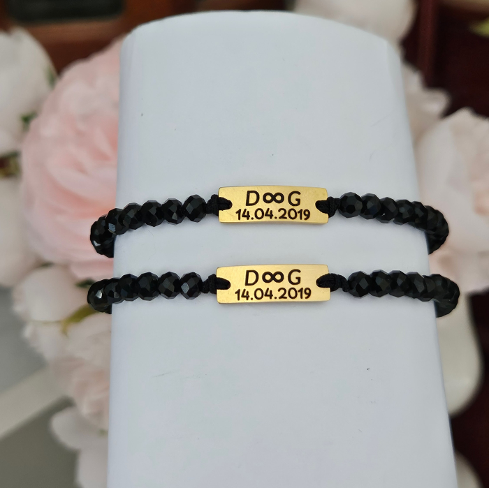 Set de 2 bratari personalizate pentru cuplu, cu initiale, data si margele din cristal [2]