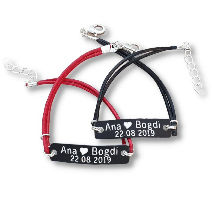 Set de 2 bratari negre personalizate pentru cuplu cu nume si data gravate si snur din piele [3]