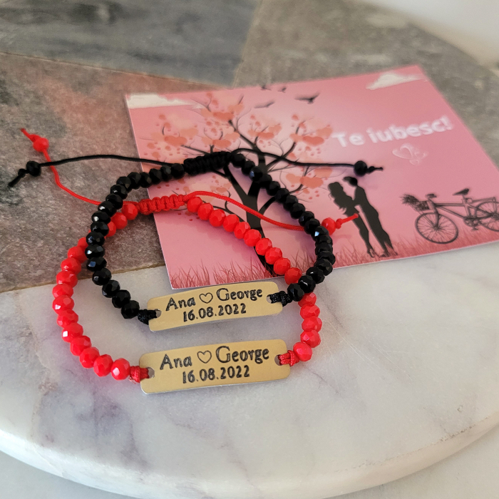 Set de 2 bratari personalizate pentru cuplu, cu nume, inimioara data relatiei si margele din cristal [4]
