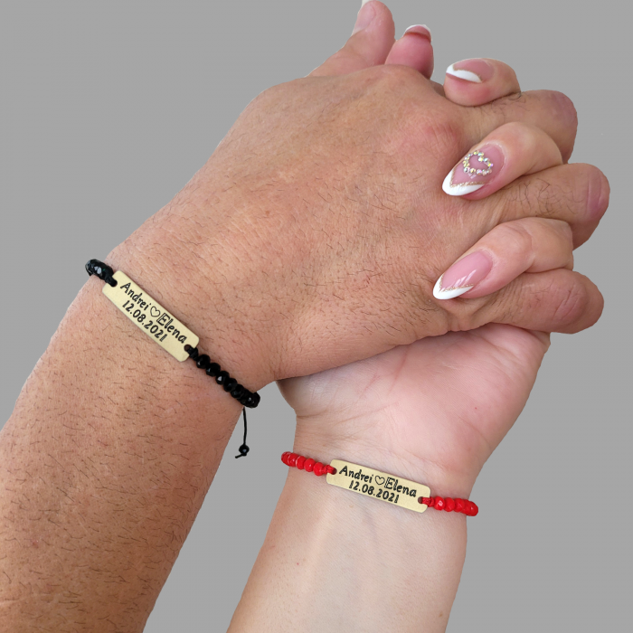 Set de 2 bratari personalizate pentru cuplu, cu nume, inimioara data relatiei si margele din cristal [2]