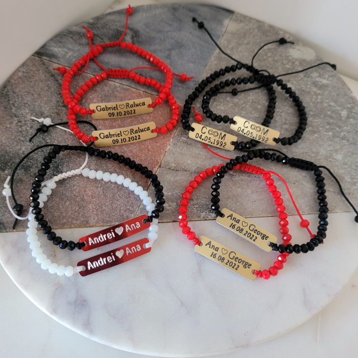 Set de 2 bratari personalizate pentru cuplu, cu nume, inimioara data relatiei si margele din cristal [12]