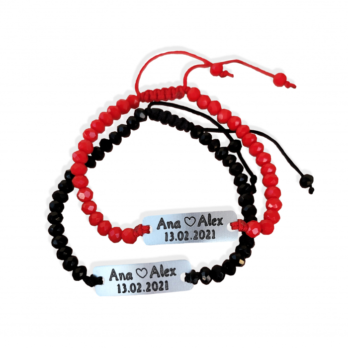 Set de 2 bratari personalizate pentru cuplu, cu nume si data relatiei si margele din cristal [2]