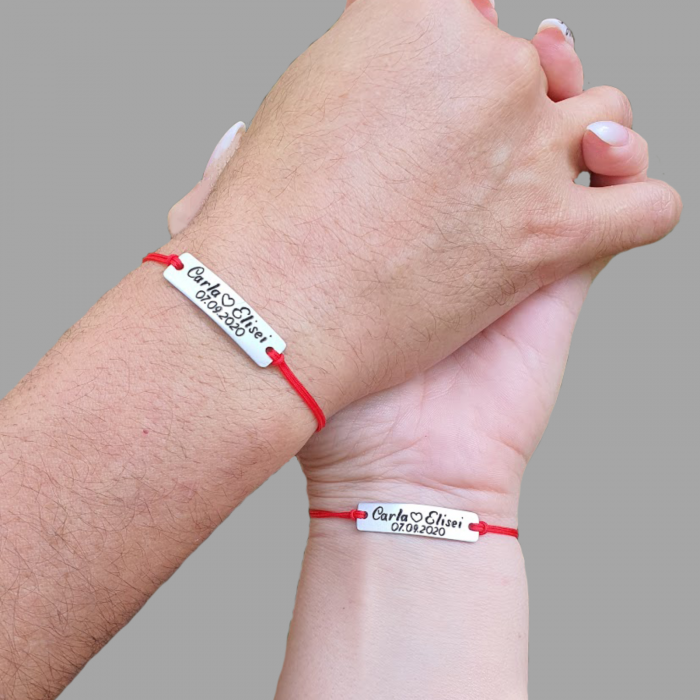 Set de 2 bratari personalizate pentru cuplu cu nume si data, gravate pe placuta din aluminiu cu snur ajustabil si inchidere macrame [2]