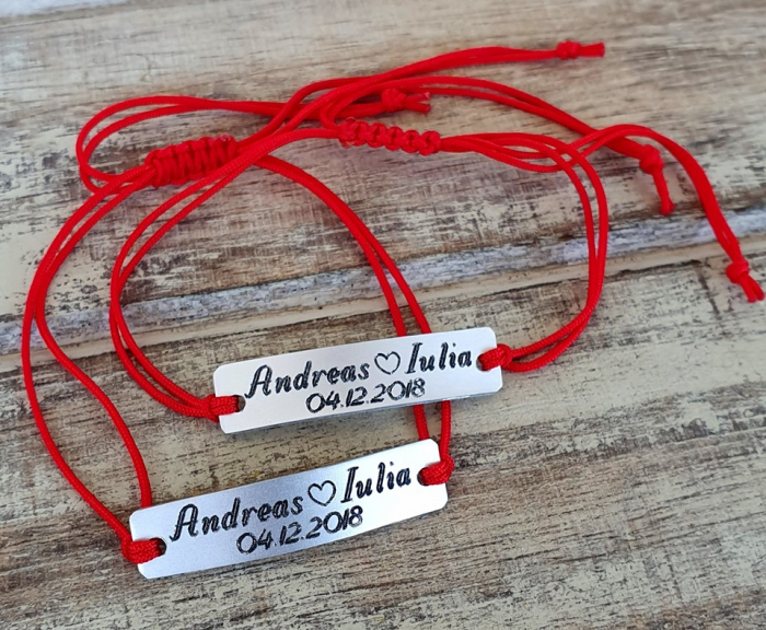 Set de 2 bratari personalizate pentru cuplu cu nume si data, gravate pe placuta din aluminiu cu snur ajustabil si inchidere macrame [9]