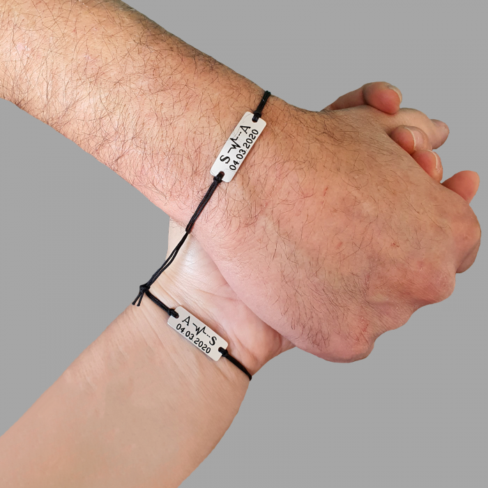Set de 2 bratari personalizate pentru cuplu, gravate cu initiala, cardiograma si data [2]