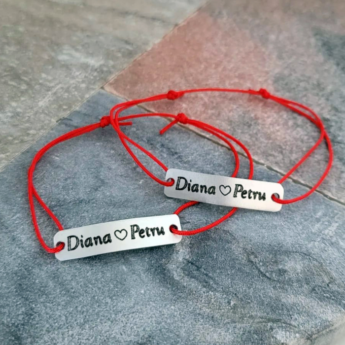 Set de 2 bratari personalizate pentru cuplu gravate cu nume si inimioara, cu inchidere ajustabila [10]