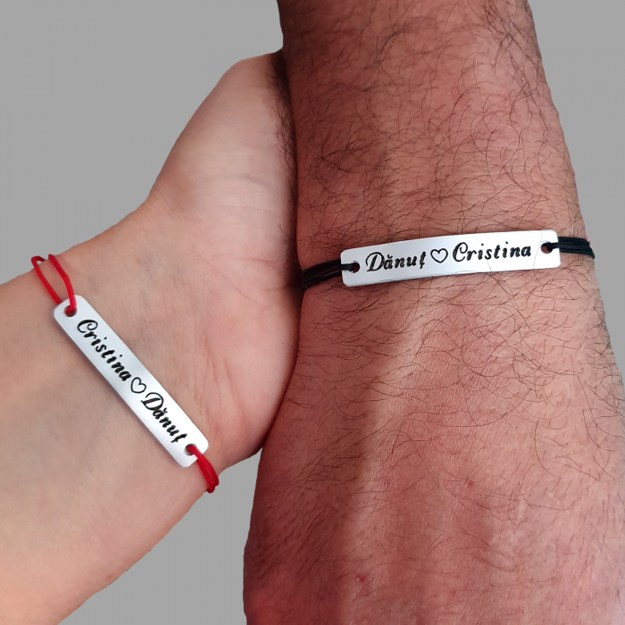 Set de 2 bratari personalizate pentru cuplu gravate cu nume si inimioara, cu inchidere ajustabila [7]