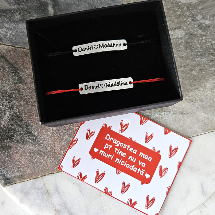 Set de 2 bratari personalizate pentru cuplu gravate cu nume si inimioara, cu inchidere ajustabila [3]