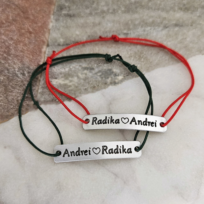 Set de 2 bratari personalizate pentru cuplu gravate cu nume si inimioara, cu inchidere ajustabila [5]