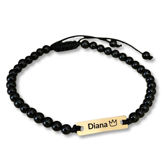Brățară personalizată din inox IP waterproof cu nume, simbol și onix negru 4mm. Gravură laser, șnur reglabil, ambalaj elegant și felicitare opțională. [2]