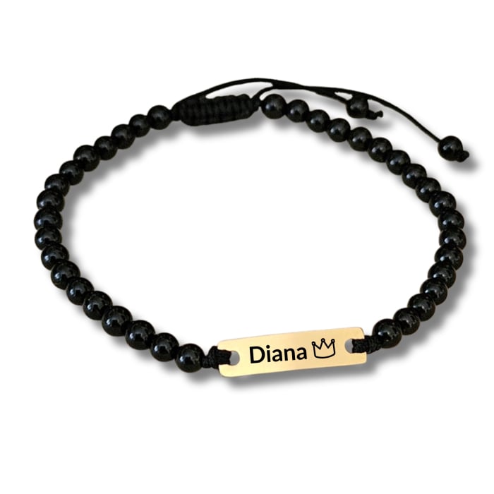 Brățară personalizată din inox IP waterproof cu nume, simbol și onix negru 4mm. Gravură laser, șnur reglabil, ambalaj elegant și felicitare opțională. [5]