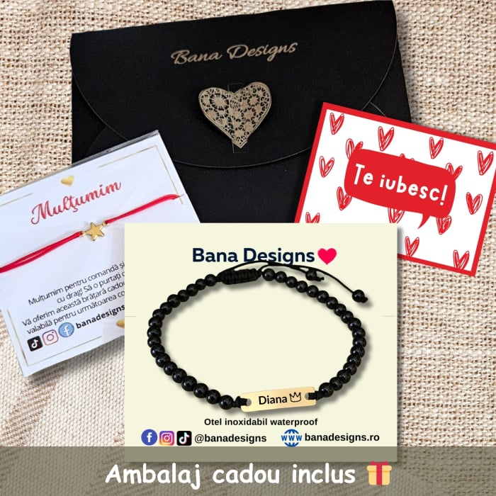 Brățară personalizată din inox IP waterproof cu nume, simbol și onix negru 4mm. Gravură laser, șnur reglabil, ambalaj elegant și felicitare opțională. [4]