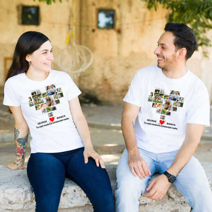 Set de 2 tricouri din bumbac personalizat pentru cuplu cu colaj inima din 18 fotografii si mesaj [2]
