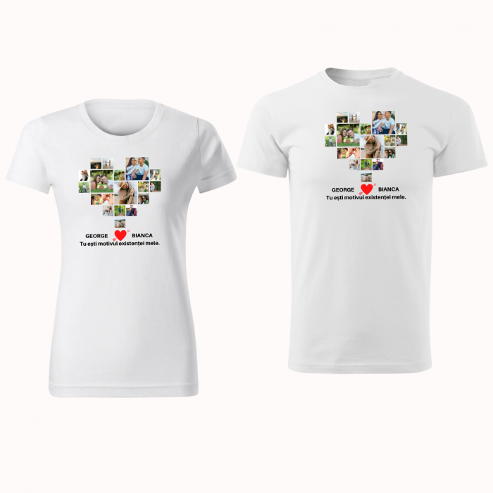 Set de 2 tricouri din bumbac personalizat pentru cuplu cu colaj inima din 18 fotografii si mesaj [3]