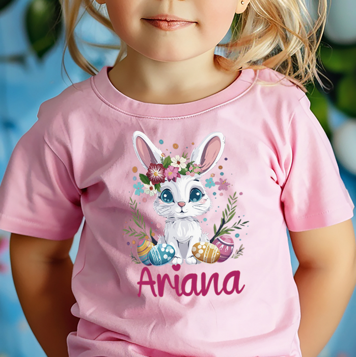 Tricou roz personalizat cu iepuras dragalas si nume, model de Paste, pentru copii [2]