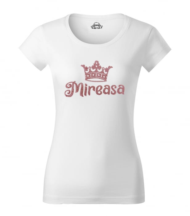 Tricou Mireasa, tricou din bumbac alb, personalizat cu design roz sclipicios si coronita [2]