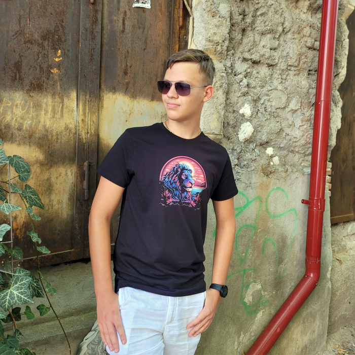 Tricou Lion in the Sunset, cu design leu, din bumbac negru, pentru bărbați [6]