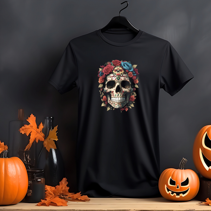 Tricou Skull Halloween, cu craniu si flori, din bumbac negru [2]