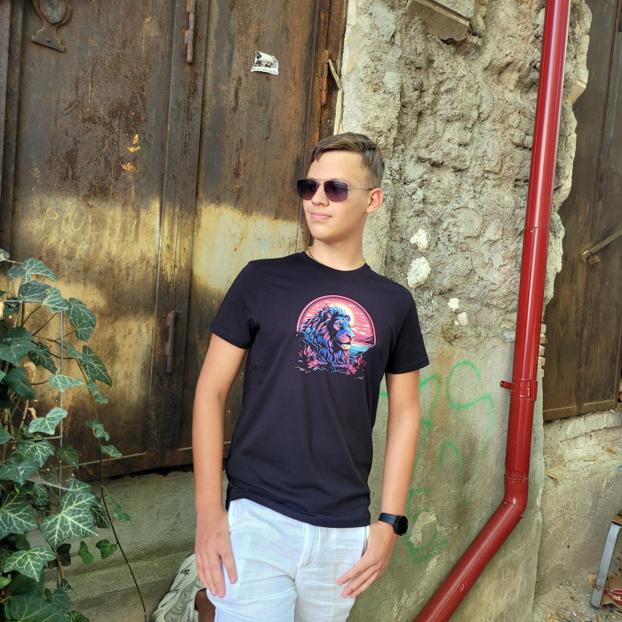 Tricou Lion in the Sunset, cu design leu, din bumbac negru, pentru bărbați [9]