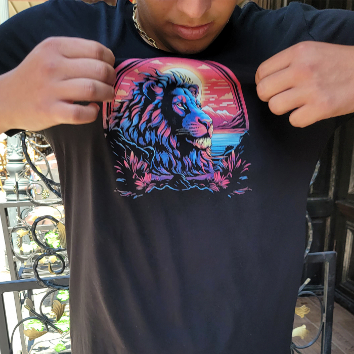 Tricou Lion in the Sunset, cu design leu, din bumbac negru, pentru bărbați [7]