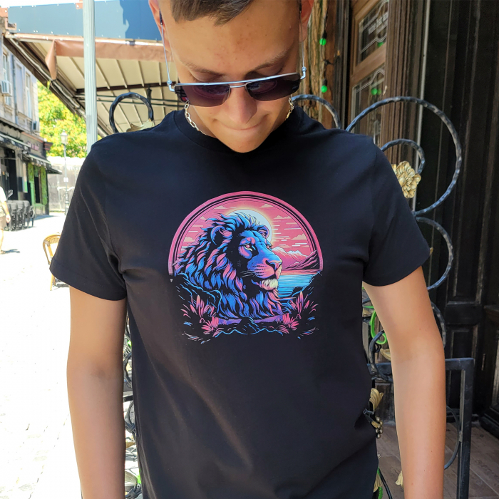 Tricou Lion in the Sunset, cu design leu, din bumbac negru, pentru bărbați [5]