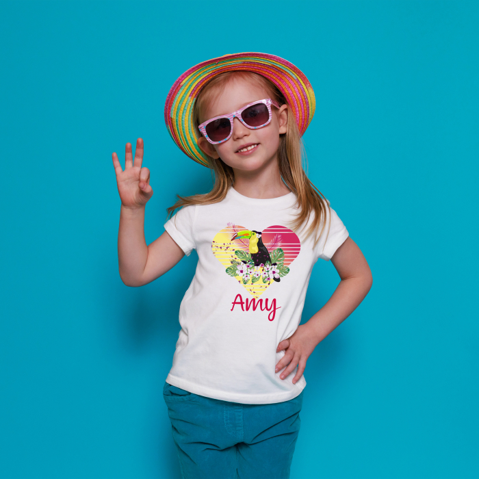 Tricou cu nume, personalizat pentru copii, cu tucan si inimioara, tricou din bumbac alb [2]