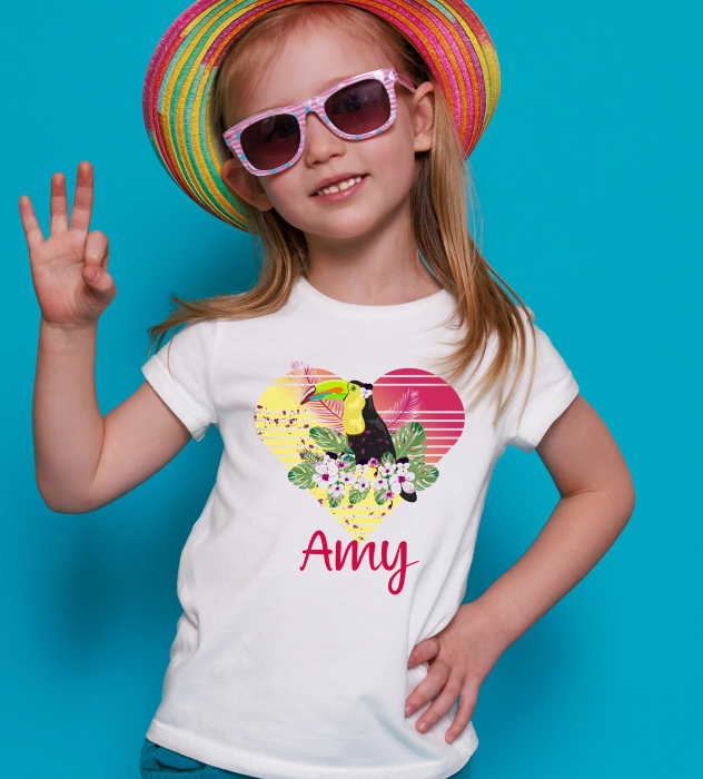 Tricou cu nume, personalizat pentru copii, cu tucan si inimioara, tricou din bumbac alb [1]
