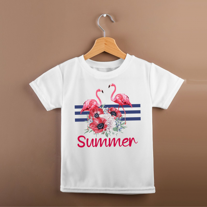 Tricou cu nume, personalizat pentru copii, cu flamingo si flori, tricou din bumbac alb [3]