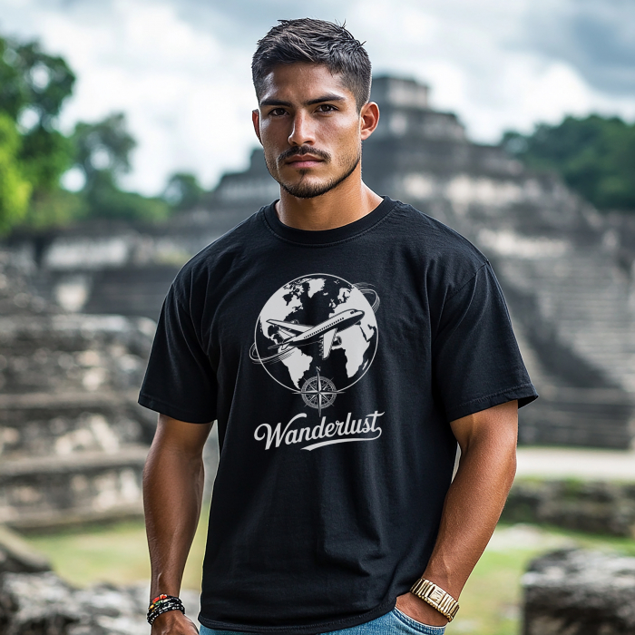 Tricou negru Wanderlust cu glob și avion – 100% bumbac – Tricou unisex pentru iubitorii de călătorii și aventură [2]