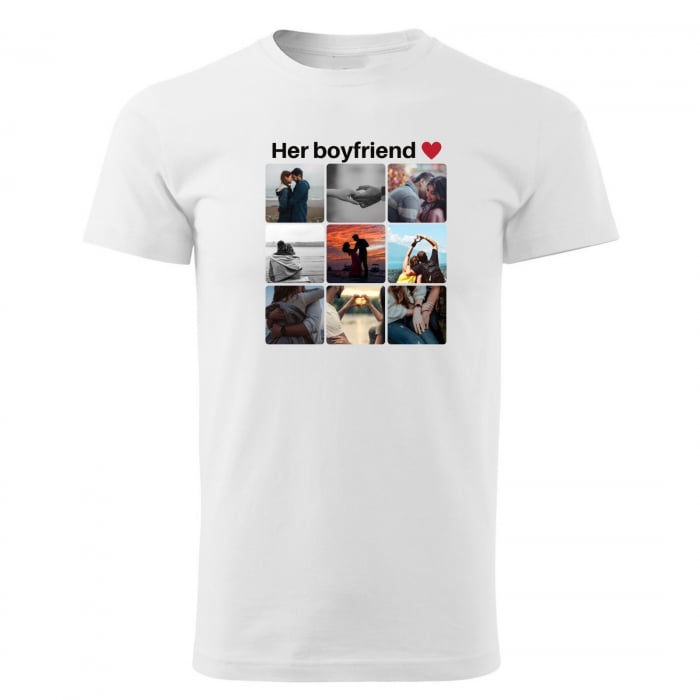 Set de 2 tricouri din bumbac personalizat pentru cuplu cu colaj din 9 fotografii si mesaj Her boyfriend, His girlfriend [2]