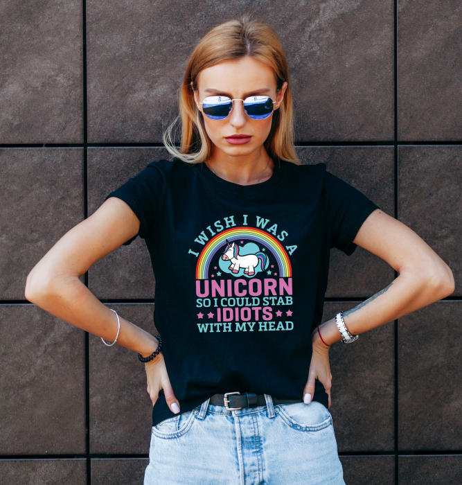 Tricou cu mesaj sarcastic, design unicorn, din bumbac negru, pentru dama [2]