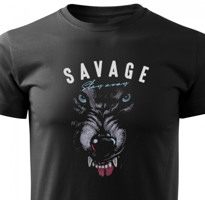 Tricou Savage stay away, din bumbac negru, pentru barbati, cu design lup [2]