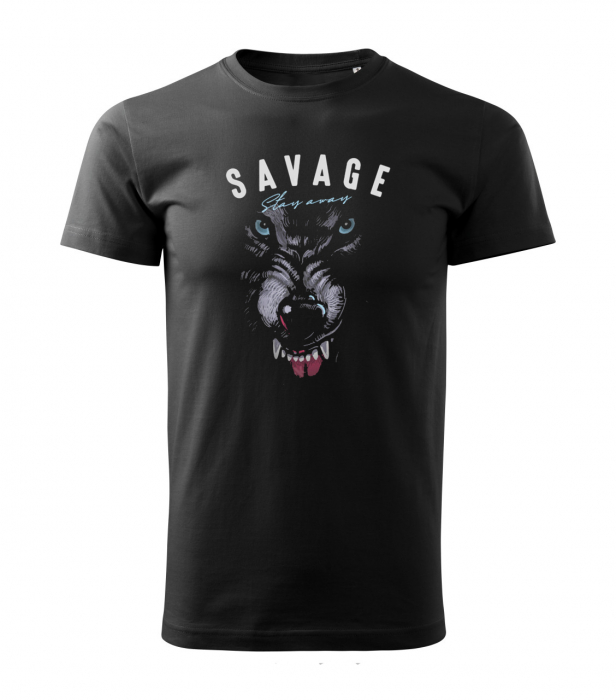 Tricou Savage stay away, din bumbac negru, pentru barbati, cu design lup [3]