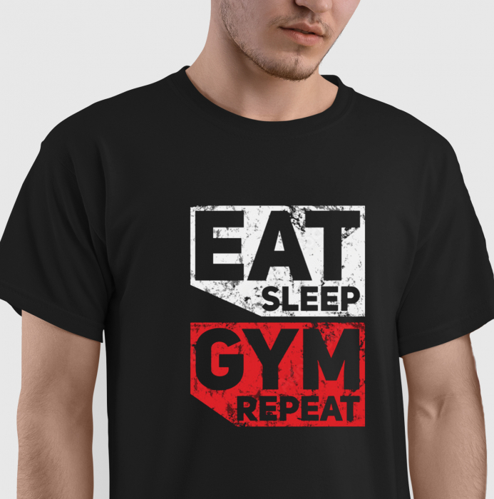 Tricou Eat Sleep Gym Repeat, din bumbac negru, pentru barbatii care merg la sala [1]