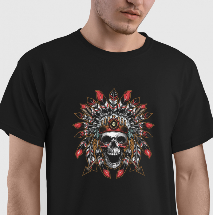 Tricou Indian Skull with Feathers, din bumbac, cu design indian, craniu si pene [1]